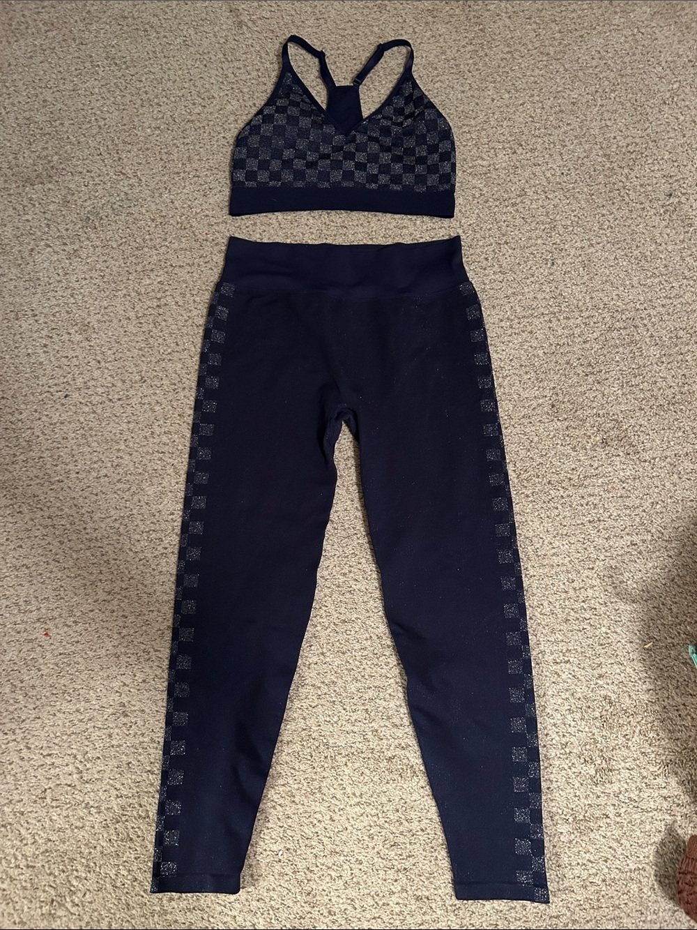 Checker Seamless Sports Bra & Leggings Set - Navy